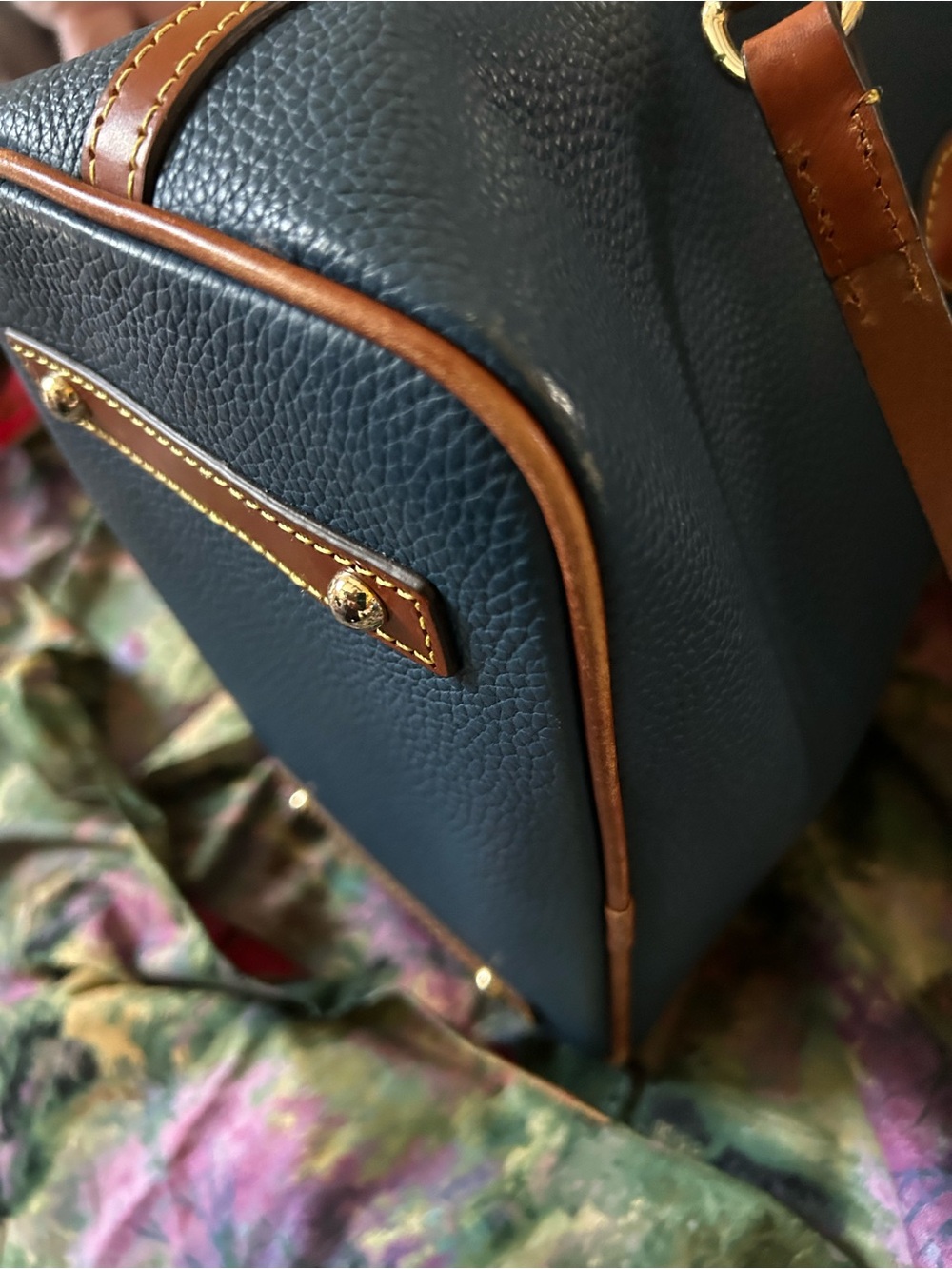 Dooney & Bourke Authentic Blue Pebbled Leather Dome Handbag W/ Brown Trim - Picture 6 of 12